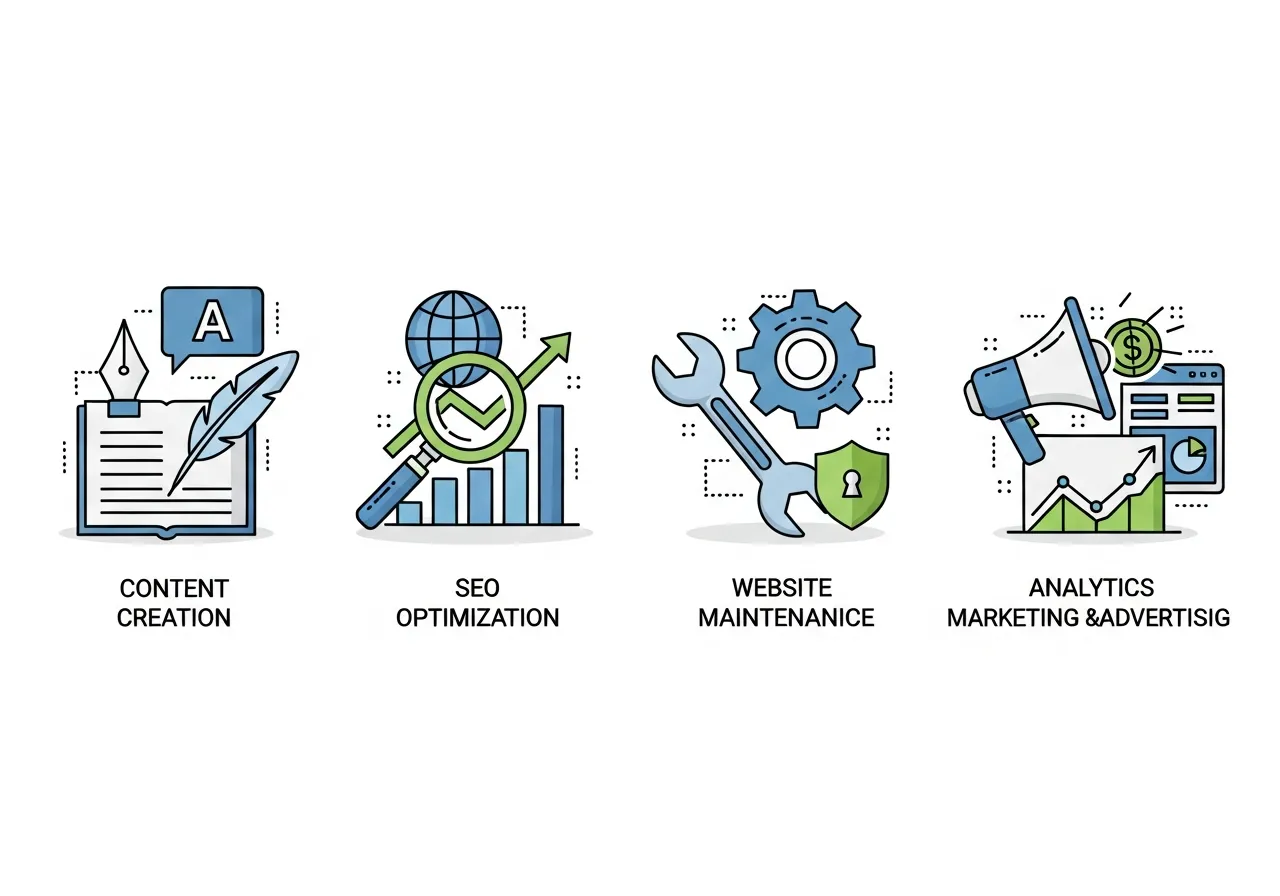 Website add-on services including content creation, SEO optimization, and maintenance packages